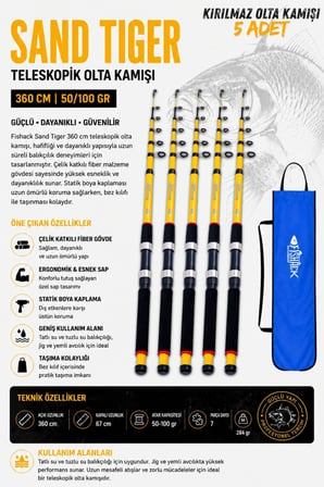 Full Set Profesyonel 5'li Sazan Olta Seti - XL - Kırılmaz Kamış - 3.60M/50-GR