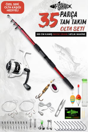 35 Parça Tam Takım Olta Seti - 300cm Kamış 50-150GR / 50'lik Makine (Bordo)