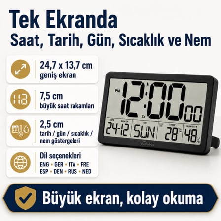 Loyka LCDSY75 Siyah Dijital LCD Saat | Tarih Sıcaklık ve Nem Göstergeli