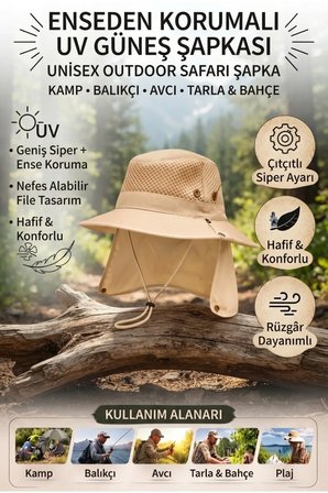 Tezzgelsin Kadın Ense Korumalı Fileli Safari Şapkası UV Güneş Korumalı İpli Outdoor Kamp ve Balıkçı Şapkası