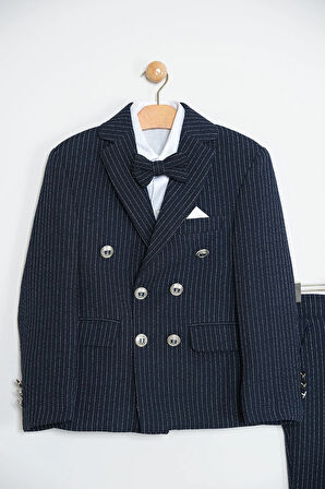 Erkek Çocuk Çizgili Ceket Gömlek Pantolon Papyonlu Takım Elbise Te.1001y