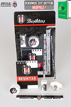 "DEKOMUS CEP DEFTERİ HEDİYELİ" YENİ SEZON LİSANSLI BEŞİKTAŞ 7'Lİ KIRTASİYE SETİ NOT DEFTERİ,CETVEL,2 ADET SİLGİ,KALEMTRAŞ,2 ADET KURŞUN KALEM