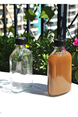 2'Li Cam Şeffaf Cold Brew Şişesi Sızdırmaz Siyah Plastik Kapaklı 200 Ml Yassı Şişe