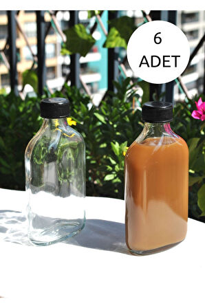 6'Lı Cam Şeffaf Cold Brew Şişesi Sızdırmaz Siyah Plastik Kapaklı 200 Ml Yassı Şişe