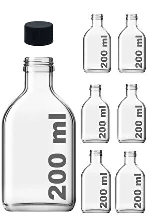 6'Lı Cam Şeffaf Cold Brew Şişesi Sızdırmaz Siyah Plastik Kapaklı 200 Ml Yassı Şişe