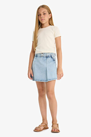 DeFacto Kız Çocuk Slim Fit Dar Kesim Bisiklet Yaka Ribana Basic Düz Kısa Kollu Tişört B3054A824SMER99