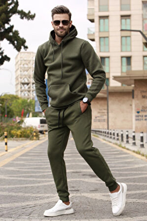 Erkek Kışlık Kapüşonlu Oversize Eşofman Takımı - 3 İplik