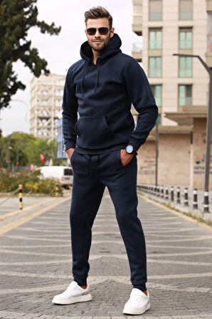 Erkek Kışlık Kapüşonlu Oversize Eşofman Takımı - 3 İplik