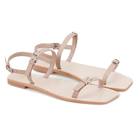 Derlon Bej Kadın Ayarlanabilir Tokalı Deri Sandalet