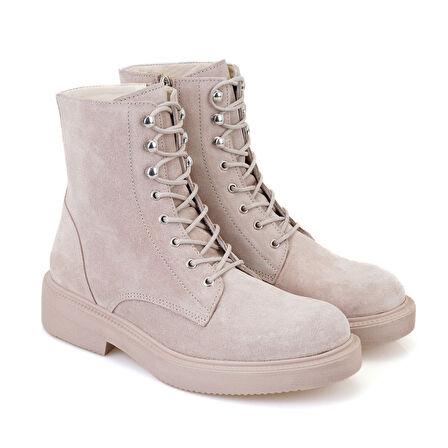 Kadın Bej Fermuarlı Deri Postal Bot