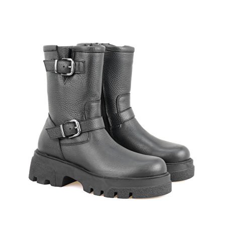 Kadın Siyah Fermuarlı Deri Bot