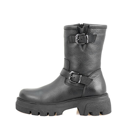 Kadın Siyah Fermuarlı Deri Bot