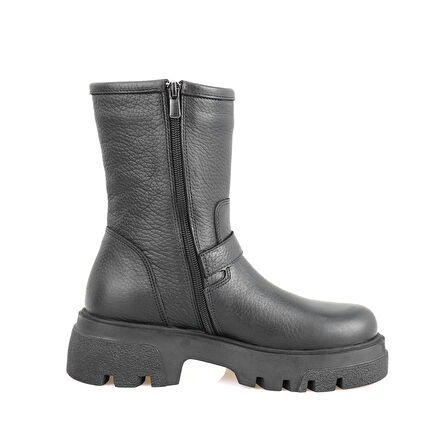 Kadın Siyah Fermuarlı Deri Bot