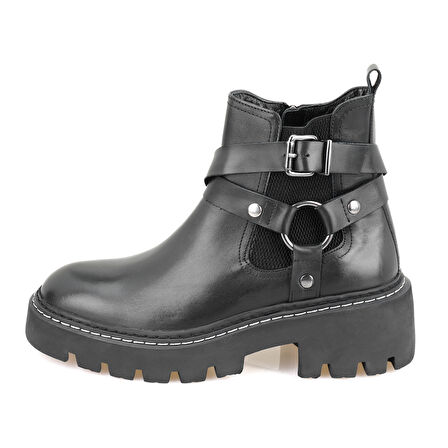 Kadın Siyah Fermuarlı Deri Bot