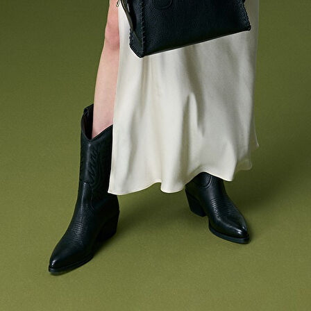 Rio Siyah Kadın Desenli Deri Kovboy Çizmesi