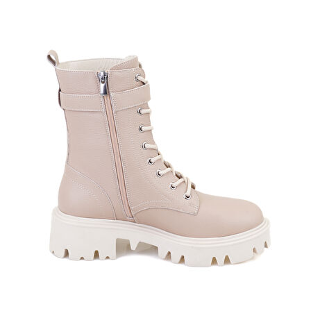 Kadın Bej Fermuarlı Deri Bot