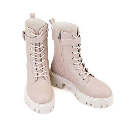 Kadın Bej Fermuarlı Deri Bot