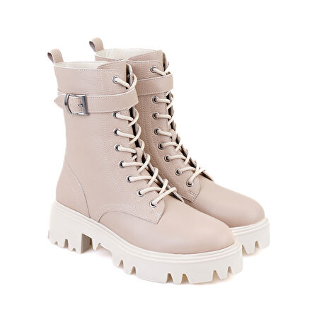 Kadın Bej Fermuarlı Deri Bot