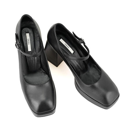 Kadın Siyah Topuklu Mary Jane Deri Klasik Ayakkabı