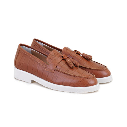 Kadın Kahve Kroko Baskılı Deri Loafer