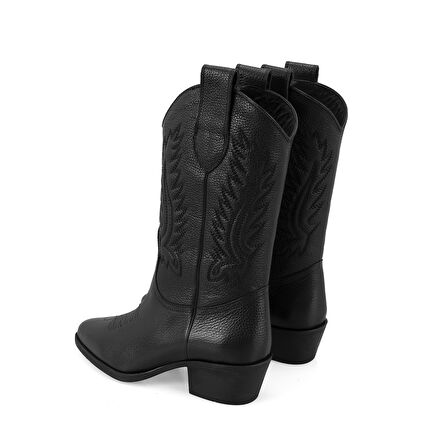 Noa Siyah Kadın Desenli Deri Kovboy Çizmesi