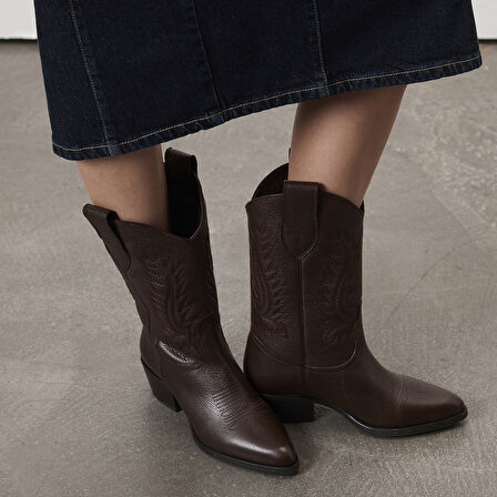 Noa Kahve Kadın Desenli Deri Kovboy Çizmesi