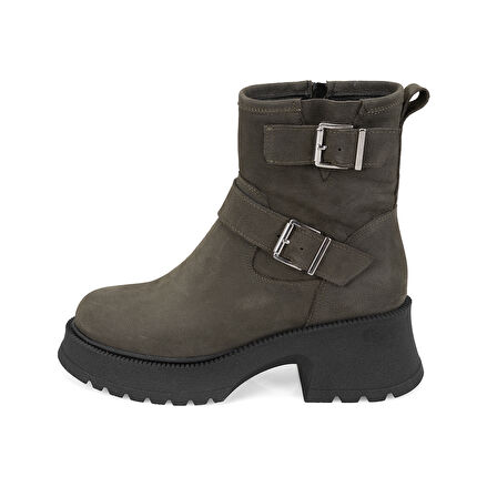 Kadın Yeşil Kemer Aksesuarlı Topuklu Deri Bot