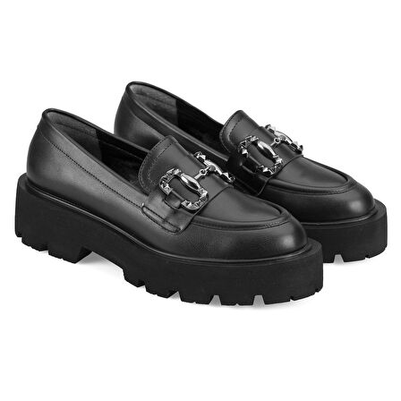 Litzy Siyah Kadın Toka Detaylı Deri Loafer
