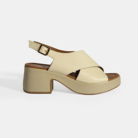 Krem Kadın Toka Detaylı Slingback Deri Sandalet