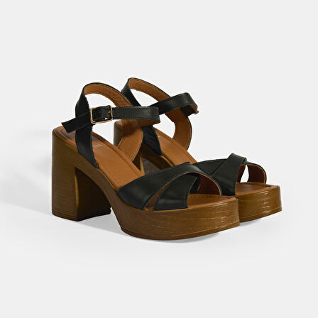 Siyah Kadın Toka Detaylı Slingback Deri Sandalet