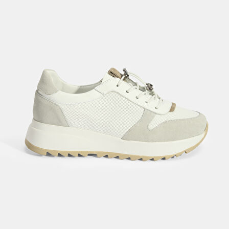 Kadın Beyaz Bağcıklı Deri Detaylı Spor Ayakkabı