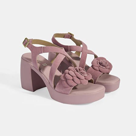 Kadın Pembe Ayarlanabilir Tokalı Slingback Süet Topuklu Sandalet