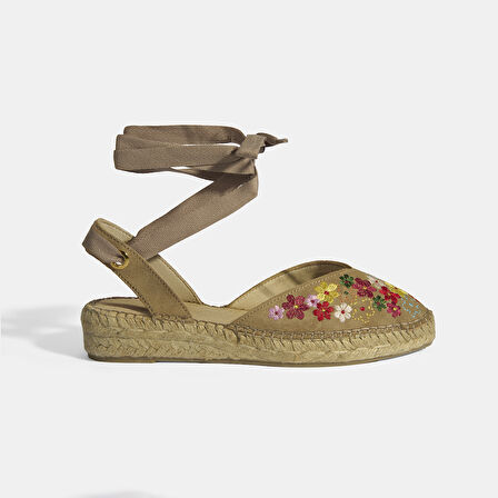 Limited Edition Bej Kadın Çiçek Nakışlı Jüt Bağcıklı Slingback Espadril