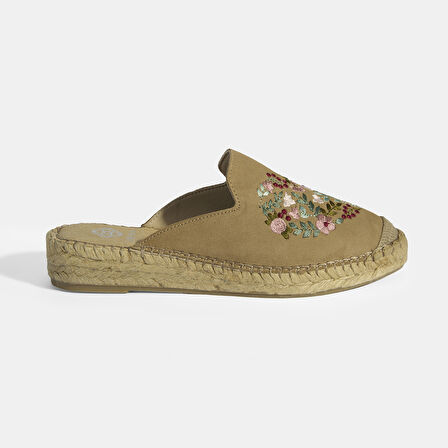 Limited Edition Bej Kadın Çiçek Nakışlı Süet Espadril Terlik