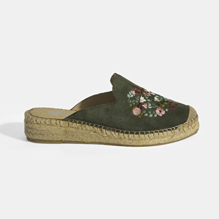 Limited Edition Yeşil Kadın Çiçek Nakışlı Süet Espadril Terlik