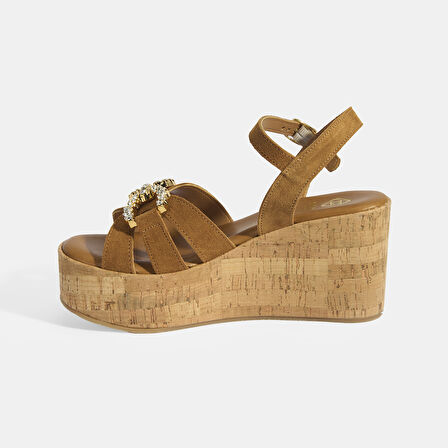 Kadın Taba Taşlı Toka Aksesuarlı Slingback Süet Dolgu Topuklu Sandalet