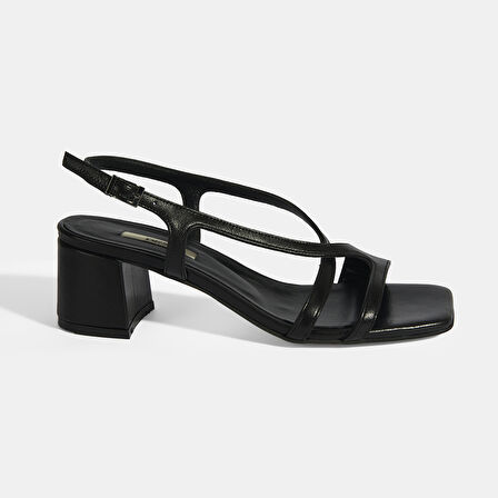 Siyah Kadın Toka Aksesuarlı Slingback Deri Topuklu Sandalet