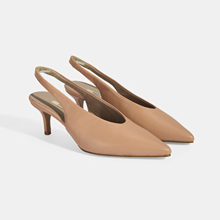 Kadın Pudra Slingback Deri Topuklu Ayakkabı 