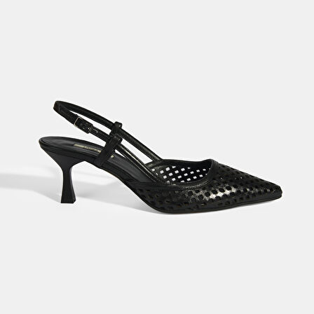 Siyah Kadın Perforeli Slingback Deri Topuklu Ayakkabı