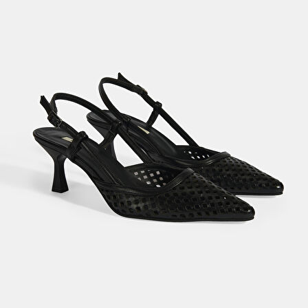 Siyah Kadın Perforeli Slingback Deri Topuklu Ayakkabı