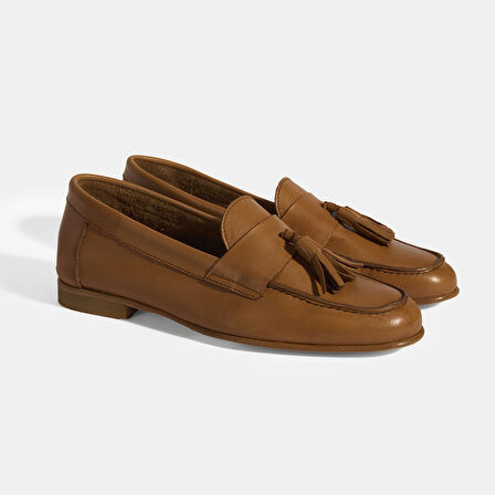 Kadın Taba Püskül Detaylı Slip-On Deri Loafer