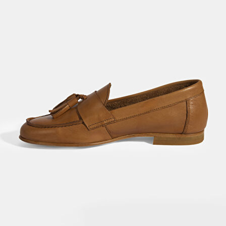 Kadın Taba Püskül Detaylı Slip-On Deri Loafer