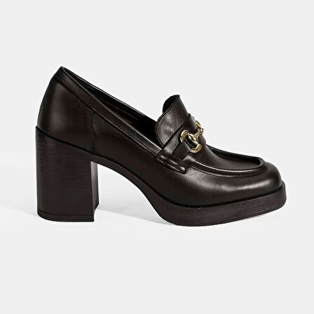 Kadın Kahve Metal Toka Detaylı Kalın Topuklu Loafer