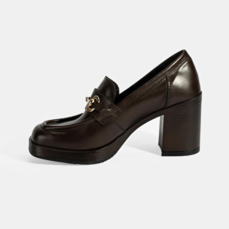 Kadın Kahve Metal Toka Detaylı Kalın Topuklu Loafer