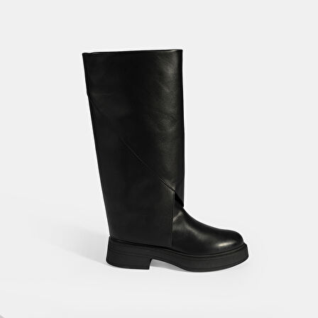 Kadın Siyah Katlama Detaylı Deri Çizme