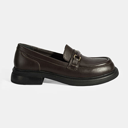 Kadın Kahve Metal Toka Detaylı Deri Loafer