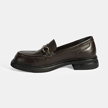 Kadın Kahve Metal Toka Detaylı Deri Loafer