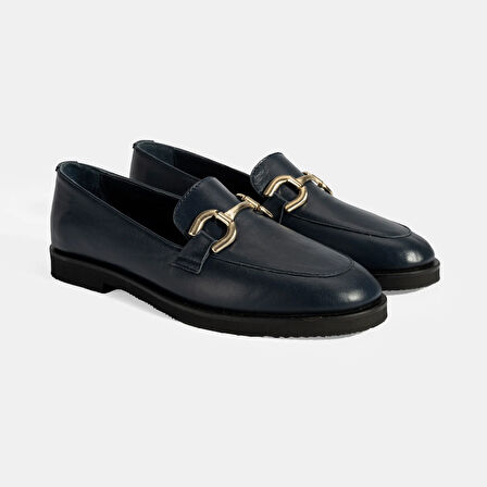 Kadın Lacivert Metal Toka Aksesuarlı Deri Loafer