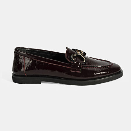 Kadın Bordo Kroko Baskılı Toka Detaylı Deri Loafer