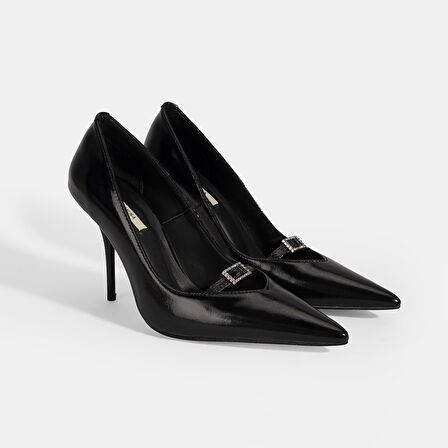 Kadın Siyah Taşlı Toka Detaylı Rugan Topuklu Abiye Ayakkabı